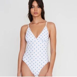Faithfull the Brand White and Blue Polka Dot One Piece Swimsuit